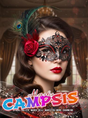 Campsis Feather Masquerade Mask Red Rhinestone Venetian Mask Flower Ball Masks for Women