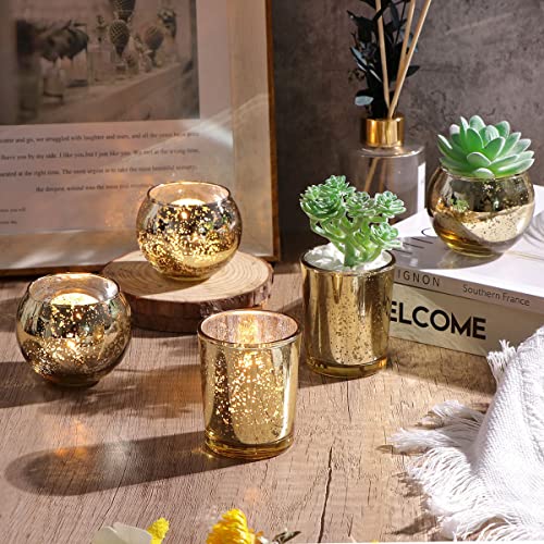 DEVI 24pcs Assorted Gold Votive Candle Holders, Mercury Glass Candle Holder, Diwali Decorations, Gold Wedding Centerpieces...