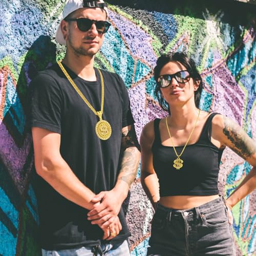 Riuziyi 6 Pack Fake Gold Dollar Sign Chain Necklace Ring for 80s 90s Hip Hop Costumes Outfit, Rapper Jewelry for Men Women