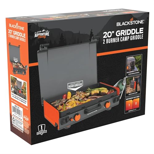 Blackstones Adventure Ready 20"x14" 2-Burner Propane Camping Griddle with Latching Hood, Portable Flat Top Grill for Outdo...