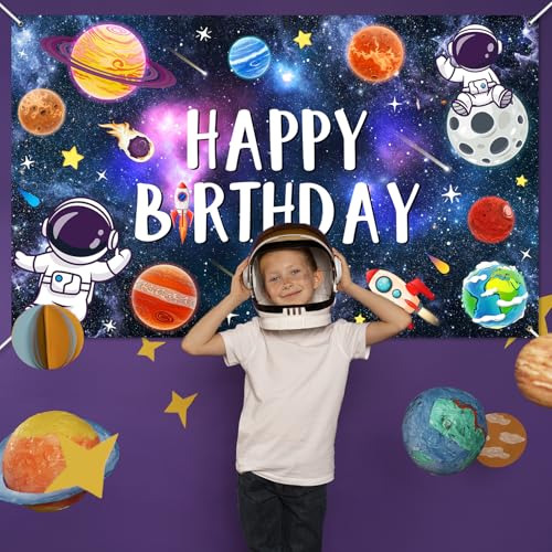 Mocsicka Space Happy Birthday Decorations Backdrop Astronaut Rocket Banner Solar System Planets Space Boys Birthday Party ...