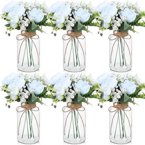 Zeyune 6 Sets Vintage Glass Vases with Artificial Peony Baby's Breath Flower Bouquets Wedding Centerpiece Farmhouse for Va...