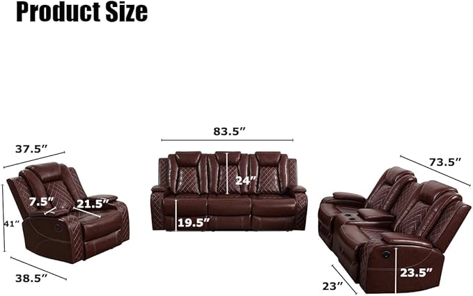 Toseslo Living Room Furniture Sets with LED Light, Power Recliner Sofa Set, Brown Leather Sectional Sofa and Loveseat Set, Modern Power Reclining Sets with Storage Console/Cup Holder for Living Room