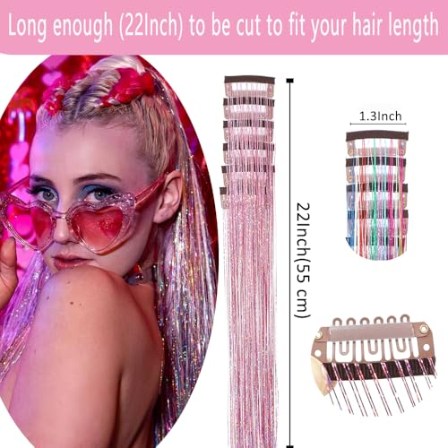 Hair Tinsel 12 Pcs Clip in Hair Tinsel Kit for Girls 22 Inch Glitter Fairy Tinsel Hair Extensions Colorful Heat Resistant ...