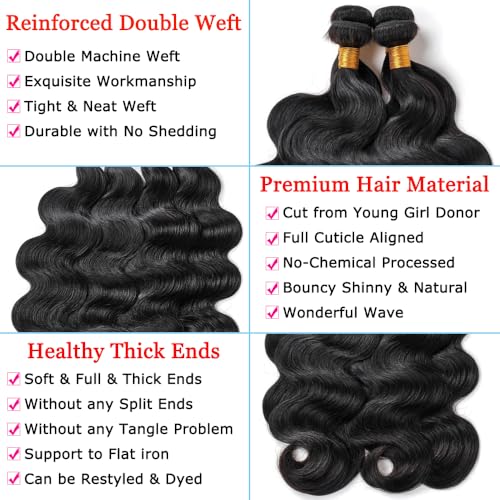 16A Human Hair Bundles 12 14 16 18 Inch Body Wave Bundles Human Hair 400g Brazilian Virgin Body Wave 4 Pieces Deals Brazilian Quick Weave Extensions Wet and Wavy Extensions Natural Black