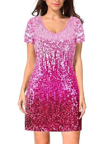 MANER Women's Sequin Glitter Short Sleeve Dress Sexy V Neck Mini Party Club Bodycon Dresses