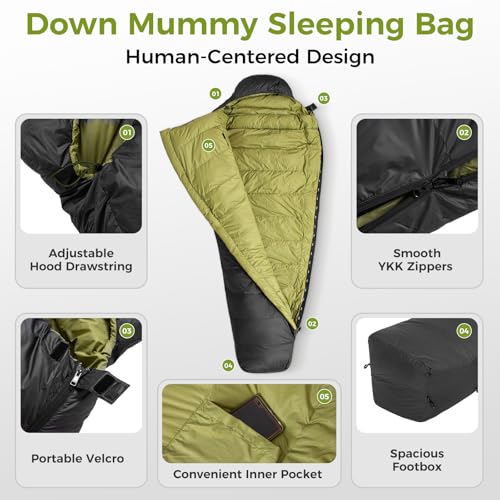 ATEPA Elements 450 Down Mummy Sleeping Bag for Adults, 0 Degree 700FP Backpacking Ultralight Cold Weather Sleeping Bag wit...