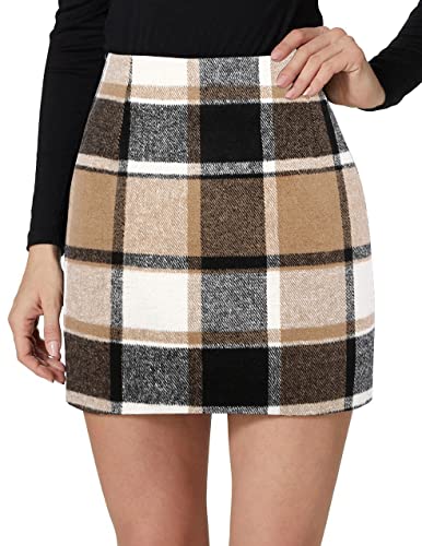 Kinghua Womens Wool Plaid Mini Skirt Fall Winter High Waisted Bodycon Pencil Skirt