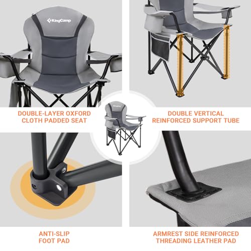 KingCamp Oversized Camping Folding Chair with Lumbar Support, Heavy Duty Ergonomic Padded Arm Chair with Cooler Bag, Cup H...