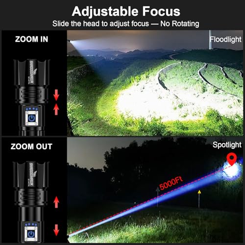 Flashlight 20000 High Lumens Rechargeable - 30W Super Bright LED Flash Light | 5000ft Beam & 12H Long Lasting USB C High P...