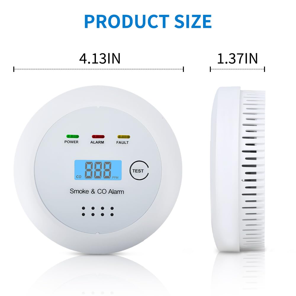 2 in1 Smoke Detector Carbon Monoxide Detector Combo,with LCD Digital Display and Sound Warning Test Button，Battery Powered，Easy Installation, for Home, Bedroom, Kitchen (1PACK)