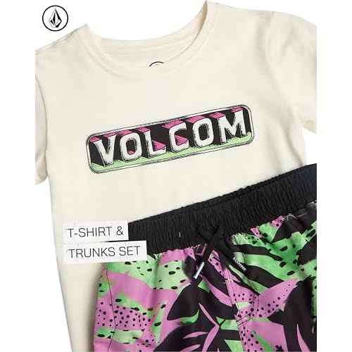 Volcom Baby Boys Swim Set - 2 Piece Short Sleeve Swim Shirt Graphic Tees & Board Shorts - Infant Toddler Little Boys Swimsuit