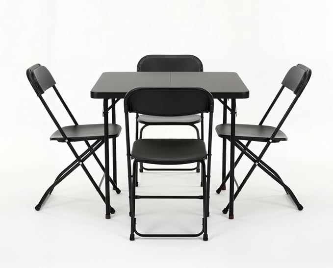 BTEXPERT 5 Piece Folding Card Table Portable and Chair Set, 34" Square Black Plastic Table 4 Adult Chairs for Board Games ...