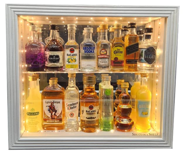 Shots On A Shelf - The One & Only Miniature Liquor Bottle Cabinet. Led Lighting, Hinged Glass Door! Guests Will Love This Showcase! - White/Mirror