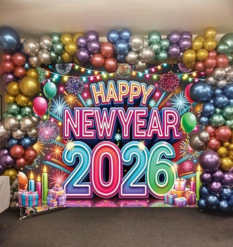2026 Neon Happy New Year Backdrop Colorful Fireworks Balloons New Year's Eve Photography Background Cheers to 2026 Holiday...