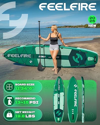 Feelfire11'x34” Extra Wide Inflatable Paddleboard, Stand-up Paddle Board for Adults, 420lb Capacity for Yoga/Fishing/Famil...
