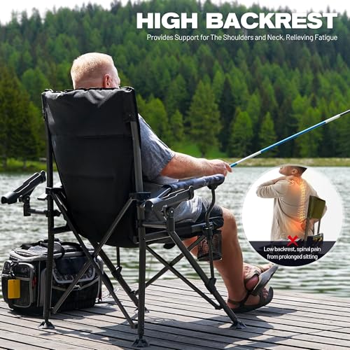 X Strike Oversized Folding Fishing Chair with Rod Holder Heavy Duty 350LBS, Feet Adjustable Padded Camping Chair with Cup ...