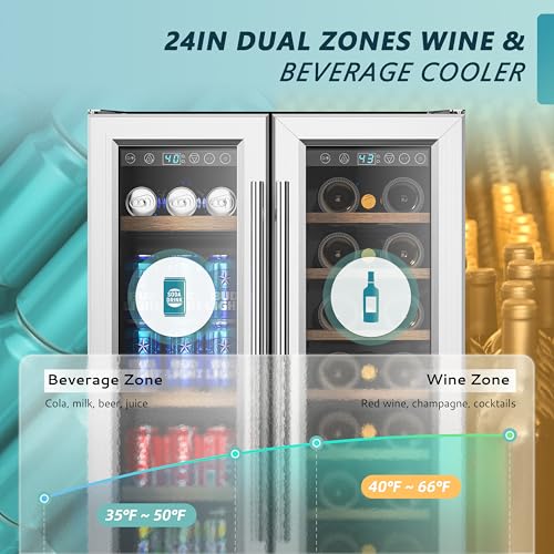 EUHOMY Wine and Beverage Refrigerator, 24 Inch Dual Zone Wine Cooler with Glass Door Hold 21 Bottles and 88 Cans, Built in...