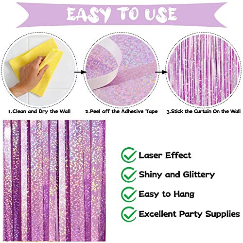 Light Purple Fringe Curtain Backdrop, 2 Pack Tinsel Foil Fringe Curtains Party Decorations Streamers, Xmas Light Purple Me...