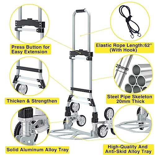 260 LBS Stair Climbing Cart, Aluminum Trolley Dolly for Stairs, Folding Hand Truck Dolly, Grocery Shopping Cart with Mute ...