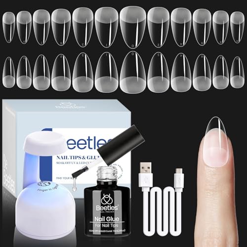 Beetles Gel Nail Extension Kit Almond Shape, Easy 9 in 1 Glue Uv Led Set Etch X Nail Tips Short Almond Half Matte Tips, Gi...