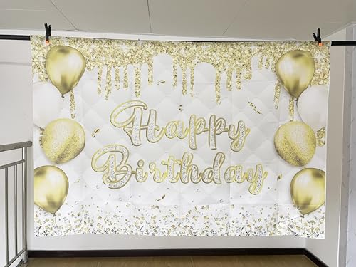PGSWEER 7x5ft White Gold Birthday Backdrop Glitter Sequins Balloon Diamond Fluid Background Women Girls Men Luxury Party B...