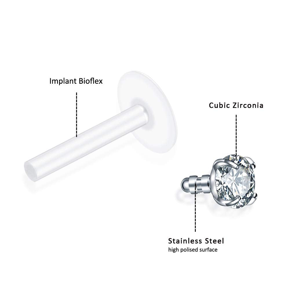 Xpircn 16G Clear Labret Monroe Lip Ring Tragus Helix Cartilage Earring Stud Piercing Jewelry with 3 mm CZ, 8 mm Bar