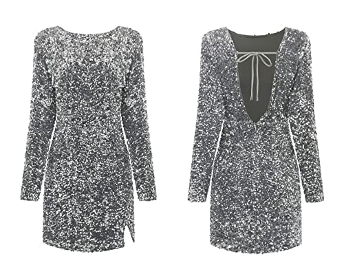 R.Vivimos Women's Sequin Bodycon Dress Fall Winter Velvet Warm Long Sleeve Crew Neck Sexy Backless Glitter Slit Mini Dress