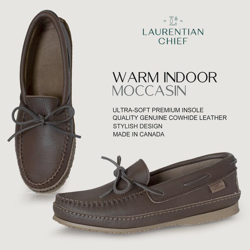 Laurentian Chief Moccasin Slippers for Men with Single Lacing, 8 Hole Collar and Padded Indian Rubber Sole, Canada Qualit...
