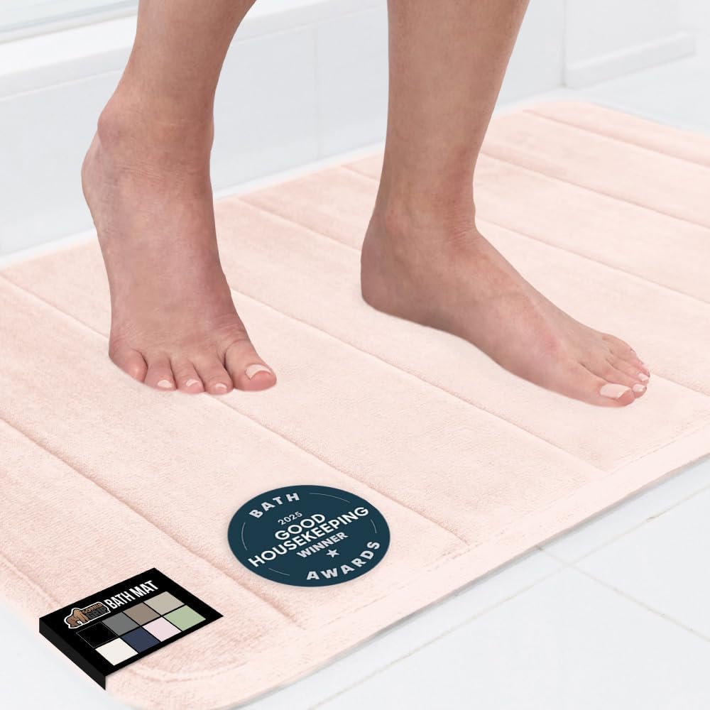 GORILLA GRIP Memory Foam Bath Mat, Soft Absorbent US Designed Bathroom Rug, Gripping Dots Machine Washable Bathmat, Cushioned Floor Mats, Shower Sink Rugs Room Décor Accessories, 24x17 Pink