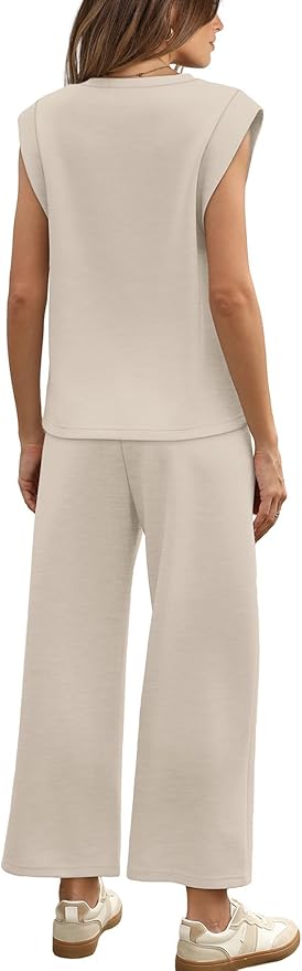 WIHOLL 2 Piece Sets for Women Summer Lounge Sets Travel Vacation Outfits Cap Sleeve Sweatsuit Side Slit Wide Leg Pants S-3XL