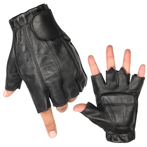 MC Gear Premium Leather Motorcycle Gloves for Men Fingerless Biker Gloves with Gel Palm and Wrist Strap