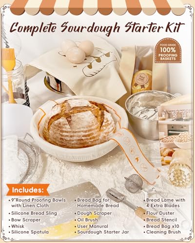 RYMTOX Complete Sourdough Starter Kit | Easy to Clean & Use for Beginners & Bakers | Natural Rattan Proofing Basket with F...