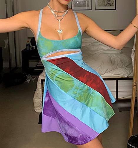 Y2K Dress for Women Summer Sleeveless Rainbow Bodycon Retro Going Out Dress 2000s 70s Halloween Costume