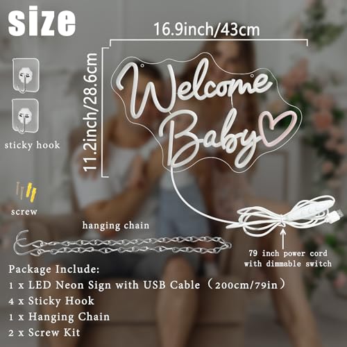 Welcome Baby Neon Sign, Dimmable Switch Welcome Led Signs for Wall Backdrop Decor, Warm White Neon Light Up Sign for Baby ...