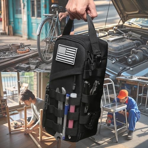 12-Inch Heavy Duty Small Tool Bag with D-Ring Clip,Flag Patch&Shoulder Strap - Small Tactical Molle Zipper Tool Bag,EDC St...