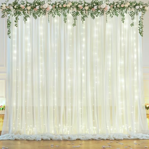 10x10ft Ivory White Chiffon Backdrop Curtain with Lights String for Wedding Sheer Tulle Curtain Photo Backdrops Drapes for...
