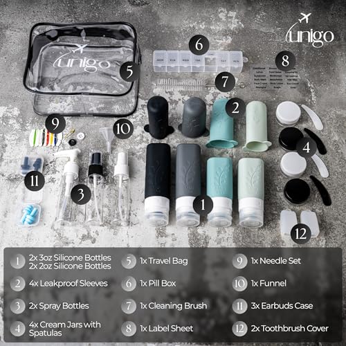unigo 30pack Full Set TSA Approved Travel Bottles for toiletries, Travel Size Containers for Toiletries, Refillable Leakpr...
