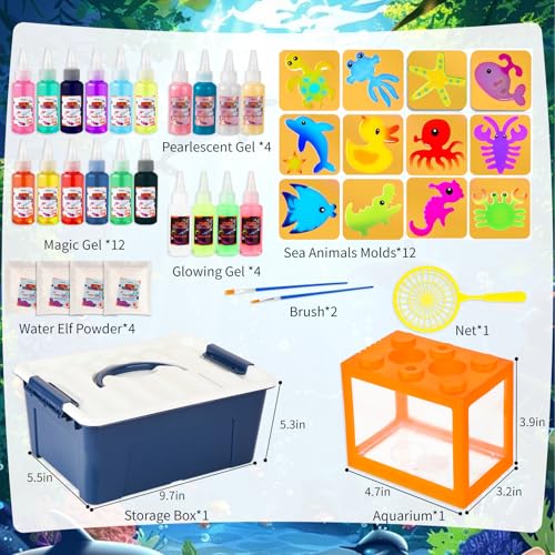 Magic Water Elf Toy Kit with Aquarium, Aqua Fairy Water Gel Kit Toys with 20 Non-Toxic Magic Gels & 12 Sea Animal Molds, D...