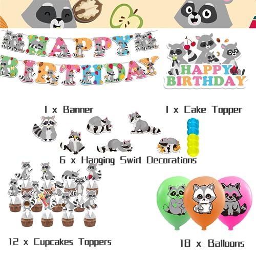 Raccoon Party Decorations Birthday Party Supplies Includes Banner Spirals Cake Topper Cupcake Toppers Balloons For Woodlan...