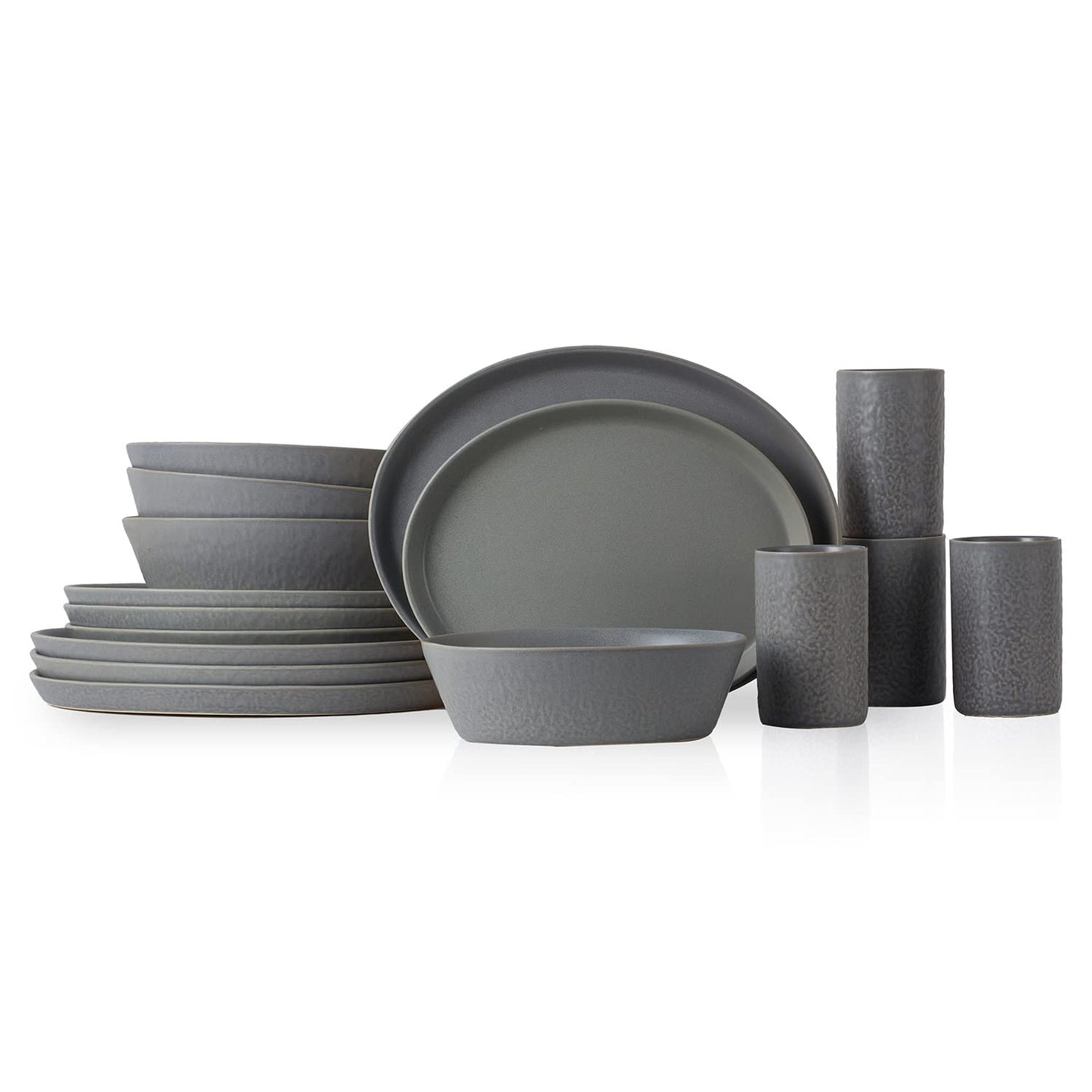 Stone Lain by Mercer Oval Stoneware 16-Piece Dinnerware Set, Light Grey