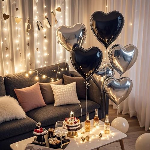 18 Inch Black Silver Heart Balloons, 12 Pcs Heart Foil Mylar Balloons, Black Silver Birthday Decoration, Heart Shaped Ball...