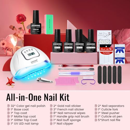JODSONE Gel Nail Polish Kit with U V Light 32 Colors Gel Polish Nail + 4 Functional Adhesive Bottles Kit Soak Off Manicure...