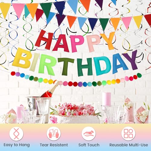Pre Strung Happy Birthday Banner Set - Felt Ball Garland, Felt Birthday hat and Pennant Flags & Colorful Hanging Swirl, Re...