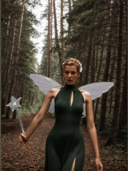 Fairy Wings for Adults and Girls，Fairy Costume Set with Floral Garland, Fairy Hair Tinsel, Wand & Elf Ears – 19"x24" Organza Butterfly Wings – Ideal for Cosplay, Party, Gold