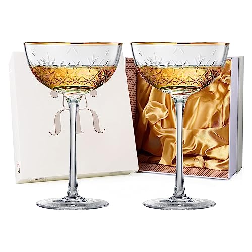 Vintage Art Deco Luxury Coupe Glasses, Cocktails, Martini, Margarita, In Premium Gift Box 24K Gold Rim | Set of 2 | 8 oz C...