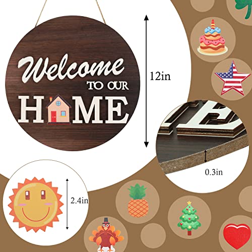 Interchangeable Welcome Sign for Front Door with 4 Seasonal Wreaths and 14 Changeable Icons, Farmhouse Front Door Signs, D...