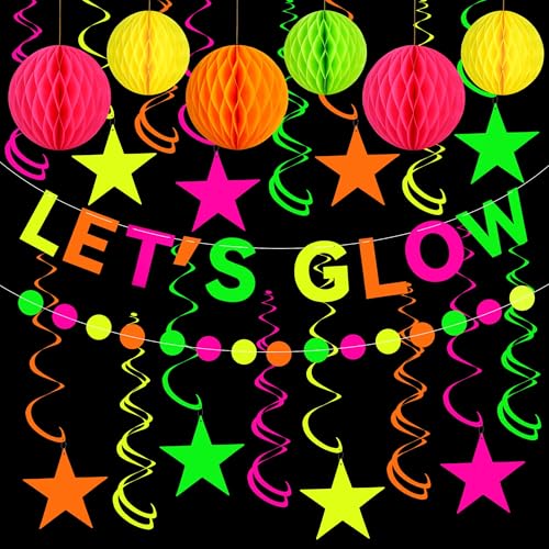 Neon Party Supplies includes Let's Glow Banner Star Hanging Swirls Circle Dot Garland Glow in The Dark Party Hanging Decor...