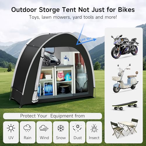 Bike Storage Tent for Outdoor, 2-3 Bike Capacity with Extra Top Space, PU5000 Waterproof 210D Oxford Fabric with Taped Sea...