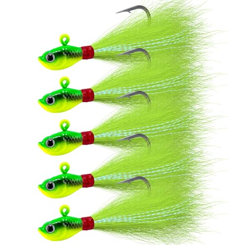 Alwonder 5-Pack Bucktail Jigs Hair Jigs Saltwater Freshwater Fishing Bucktail Lures Surf Fishing Jig Heads White Luminous ...